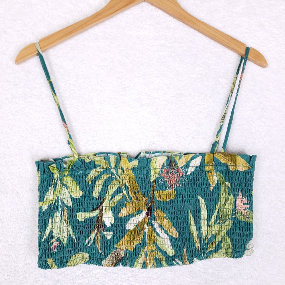 OPT Smocked Crop‎ Top Womens L Tropical Floral Linen Blend Boho Camisole Green
